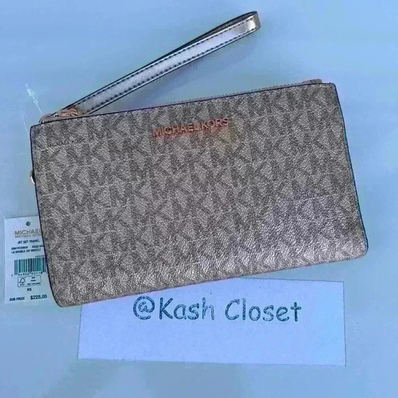 Michael Kors Double Zip Wristlet Wallet MK Signature Rose Gold - Picture 1 of 8